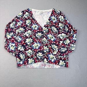 Talbots Sweater Red Black Womens LP Floral Cardigan Button Up V-Neck Ribbed Knit